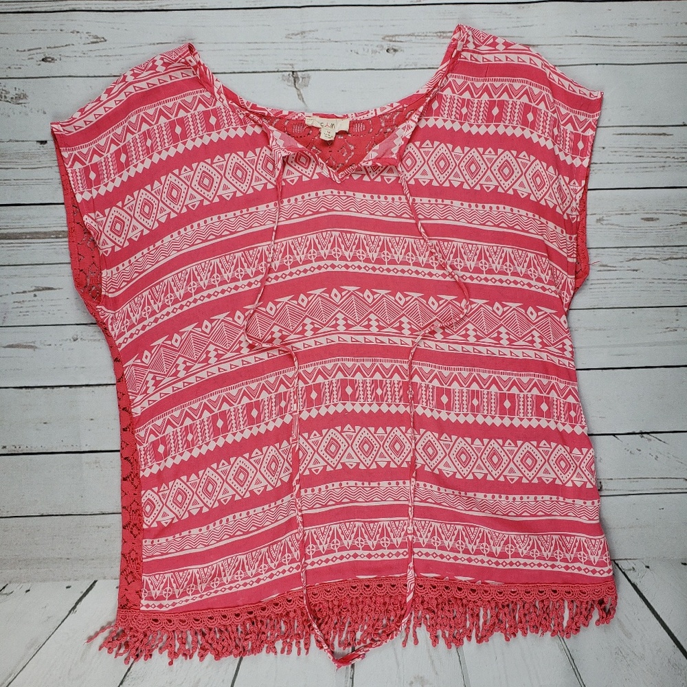 Pink White Aztec Boho & Lace Sheer Top Medium